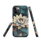 Phone case with ivory water lily, green leaves, and butterfly accents on dark background