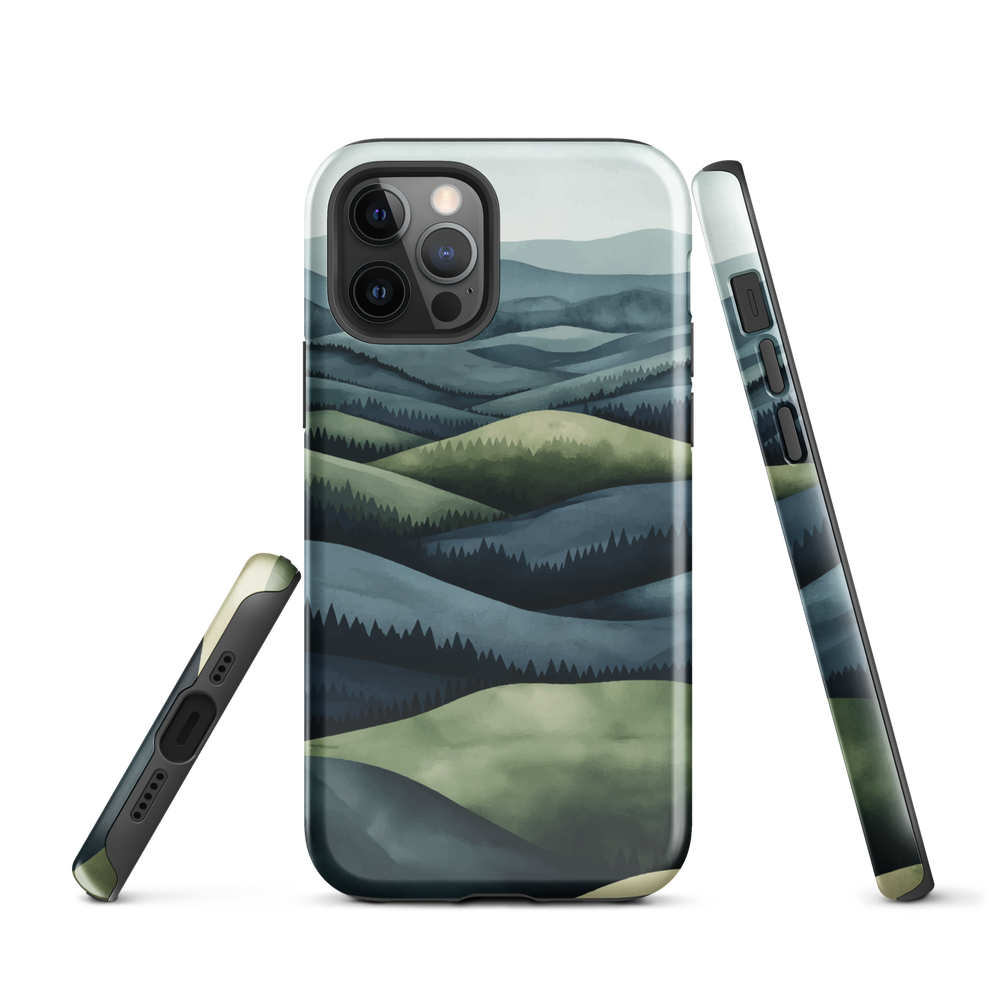 Phone case with layered mountain and forest landscape in blue and green hues