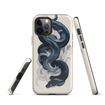 Phone case with black python and smoke design on cream background