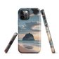 Phone case with Cathedral Cove beach and sunset scene, featuring soft skies and sea stack