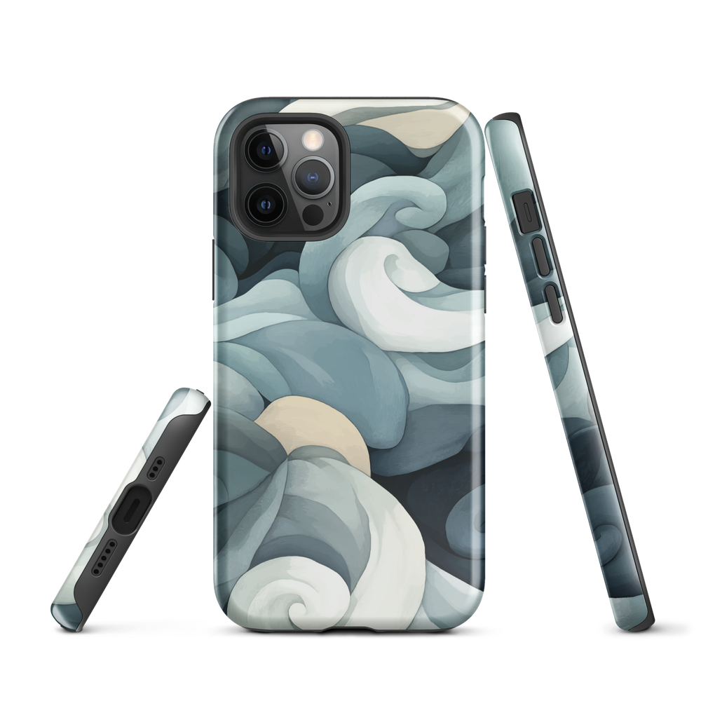 Phone case with abstract swirling ocean waves in blue and cream