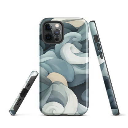 Phone case with abstract swirling ocean waves in blue and cream