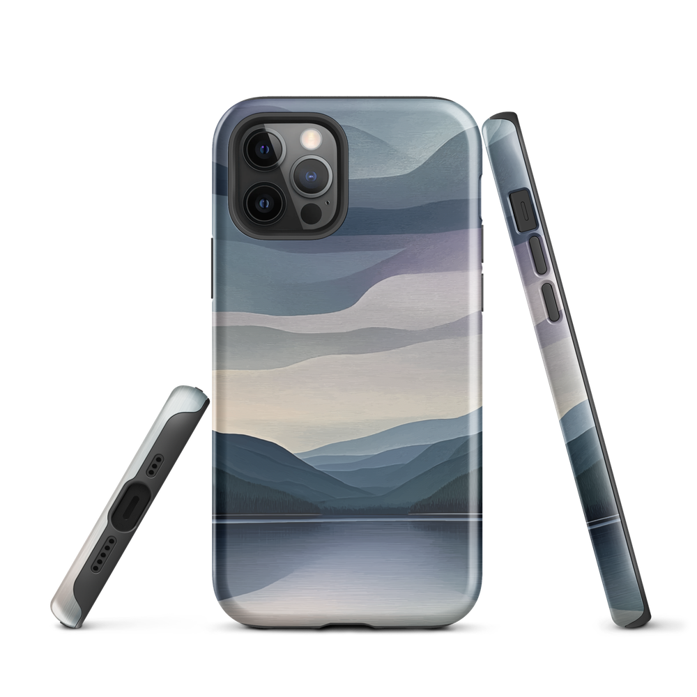 Phone case with moody blue and purple layered mountain and lake landscape artwork