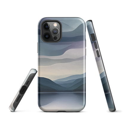 Phone case with moody blue and purple layered mountain and lake landscape artwork