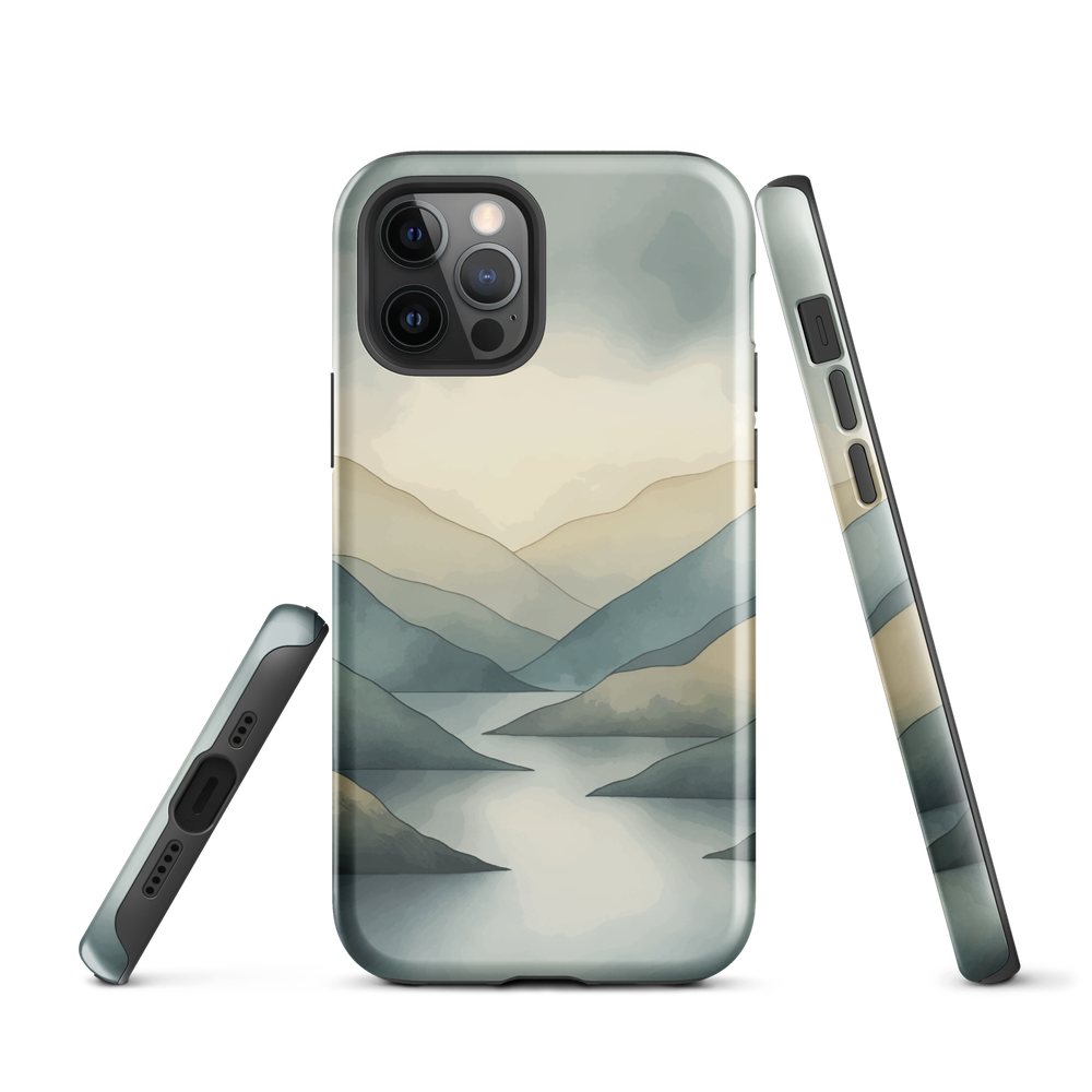 Phone case with soft mountain and valley design in misty green, blue, and golden tones
