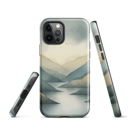 Phone case with soft mountain and valley design in misty green, blue, and golden tones