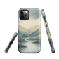 Phone case with soft mountain and valley design in misty green, blue, and golden tones
