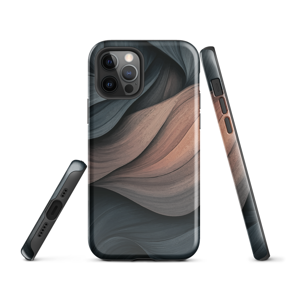 Phone case with flowing abstract design in black, copper and charcoal tones, inspired by dusk shadows