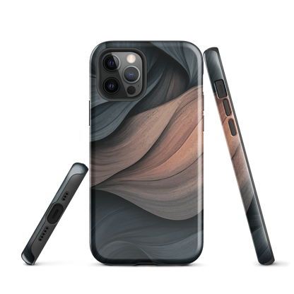 Phone case with flowing abstract design in black, copper and charcoal tones, inspired by dusk shadows