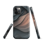 Phone case with flowing abstract design in black, copper and charcoal tones, inspired by dusk shadows