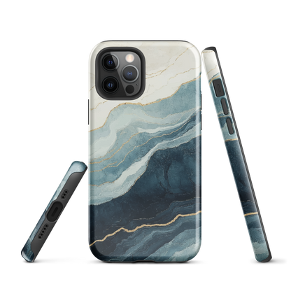 An elegant abstract phone case inspired by layered coastal forms in blue and teal tones.