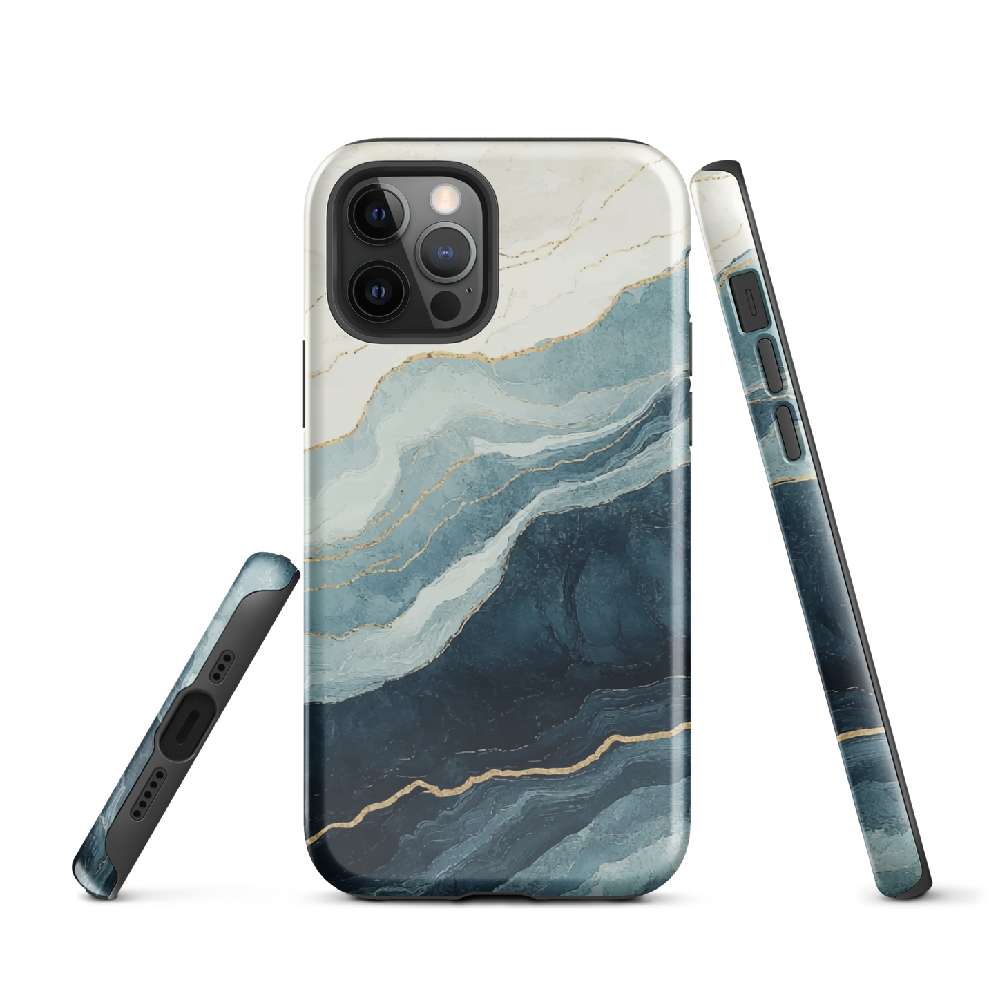 An elegant abstract phone case inspired by layered coastal forms in blue and teal tones.