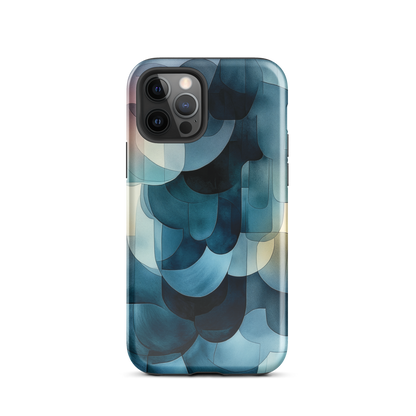 A modern abstract phone case featuring layered blue forms and soft flowing shapes.