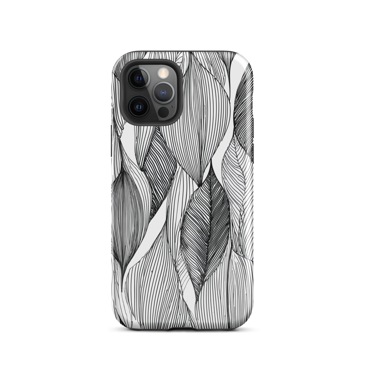 A minimalist phone case featuring fine black botanical linework in a repeating leaf pattern.