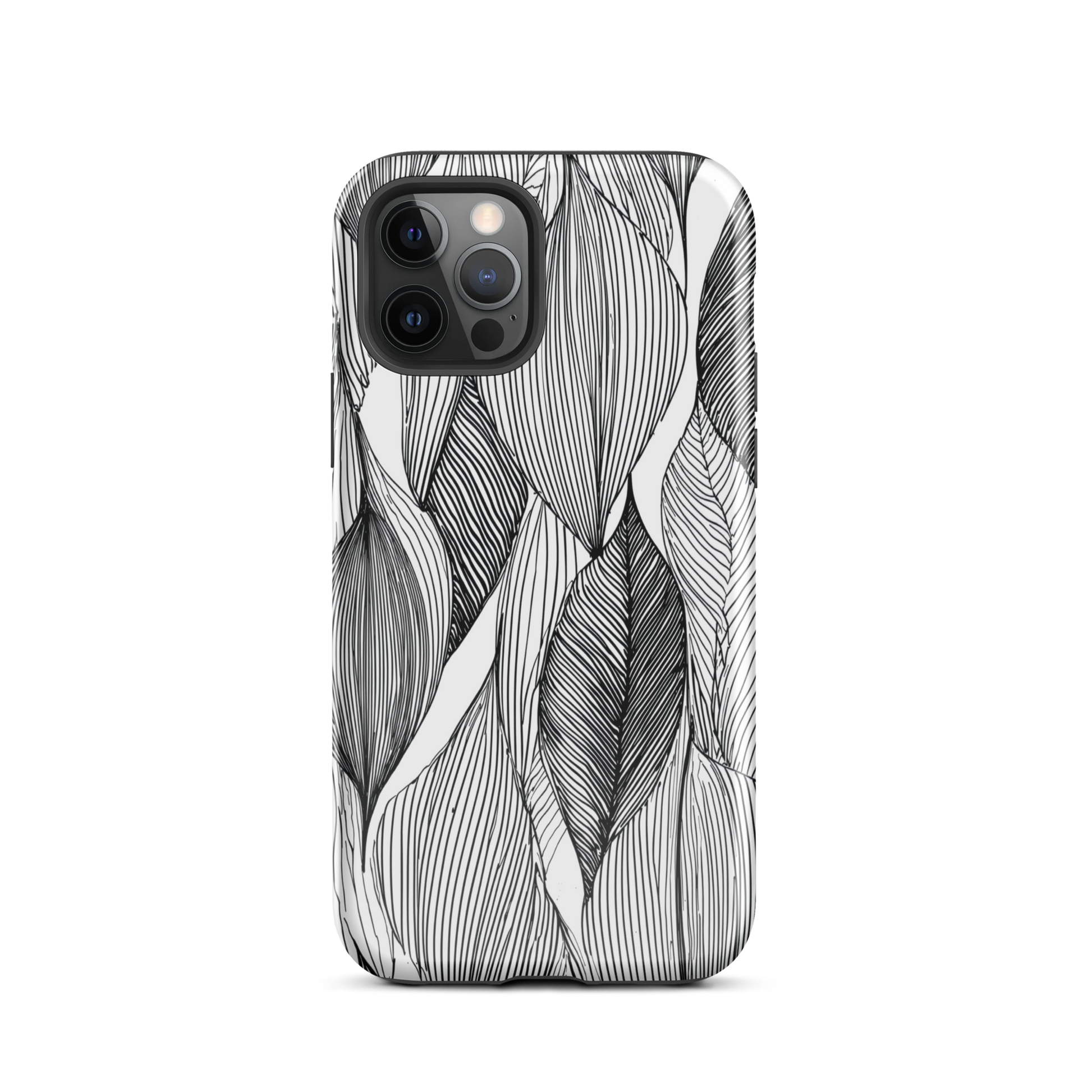 A minimalist phone case featuring fine black botanical linework in a repeating leaf pattern.