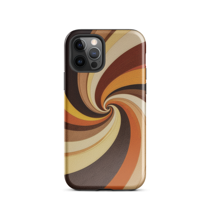 A retro-inspired phone case featuring warm swirling patterns in orange, yellow, and brown tones.