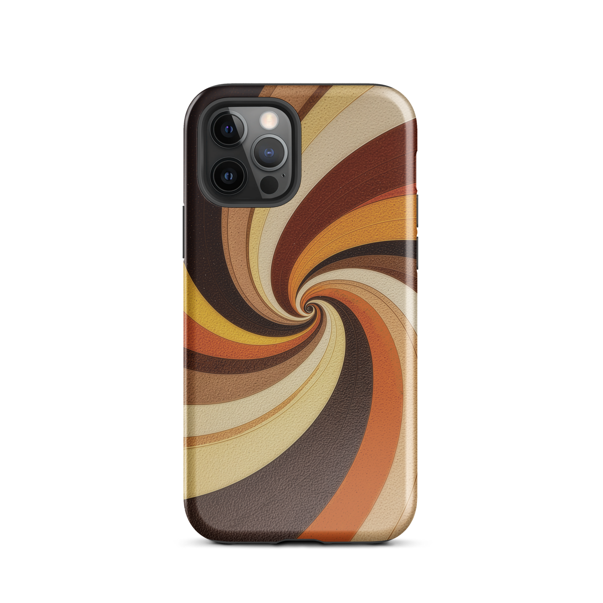 A retro-inspired phone case featuring warm swirling patterns in orange, yellow, and brown tones.