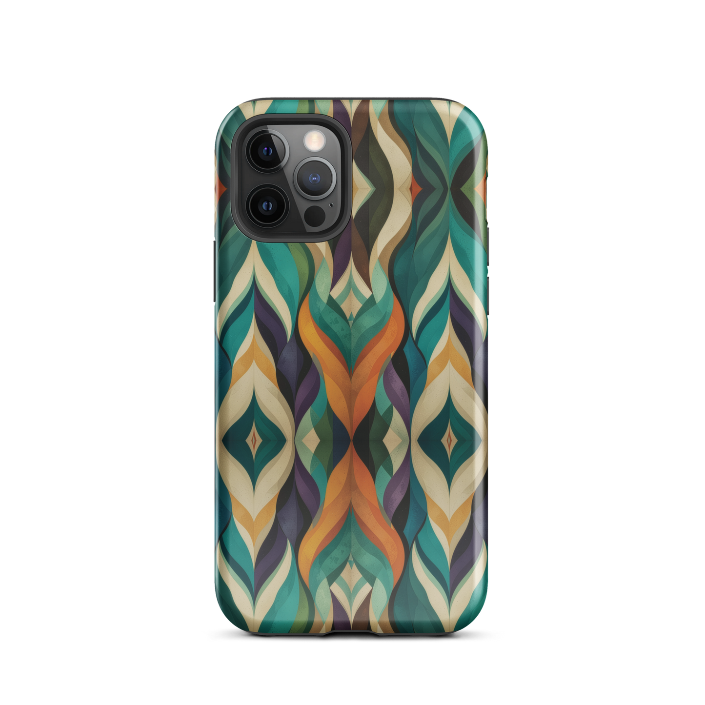 A bold geometric phone case featuring layered shapes in rich, earthy tones.