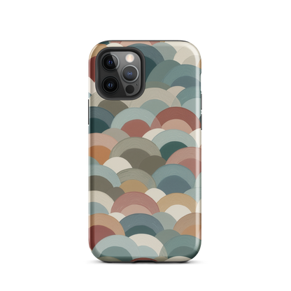 A soft retro-inspired phone case featuring layered arc shapes in warm, earthy tones.