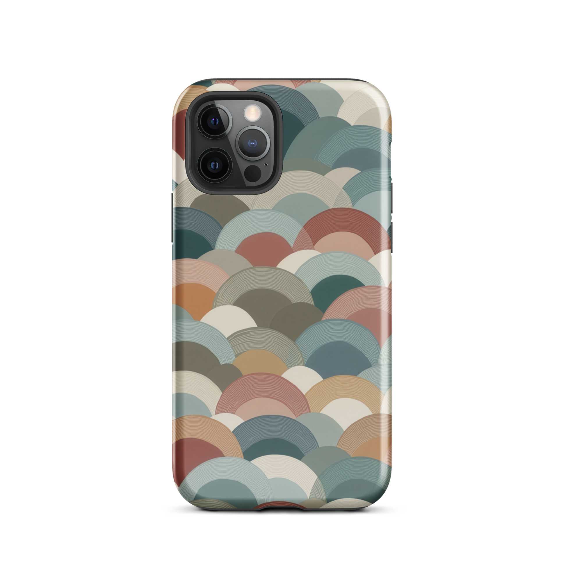 A soft retro-inspired phone case featuring layered arc shapes in warm, earthy tones.