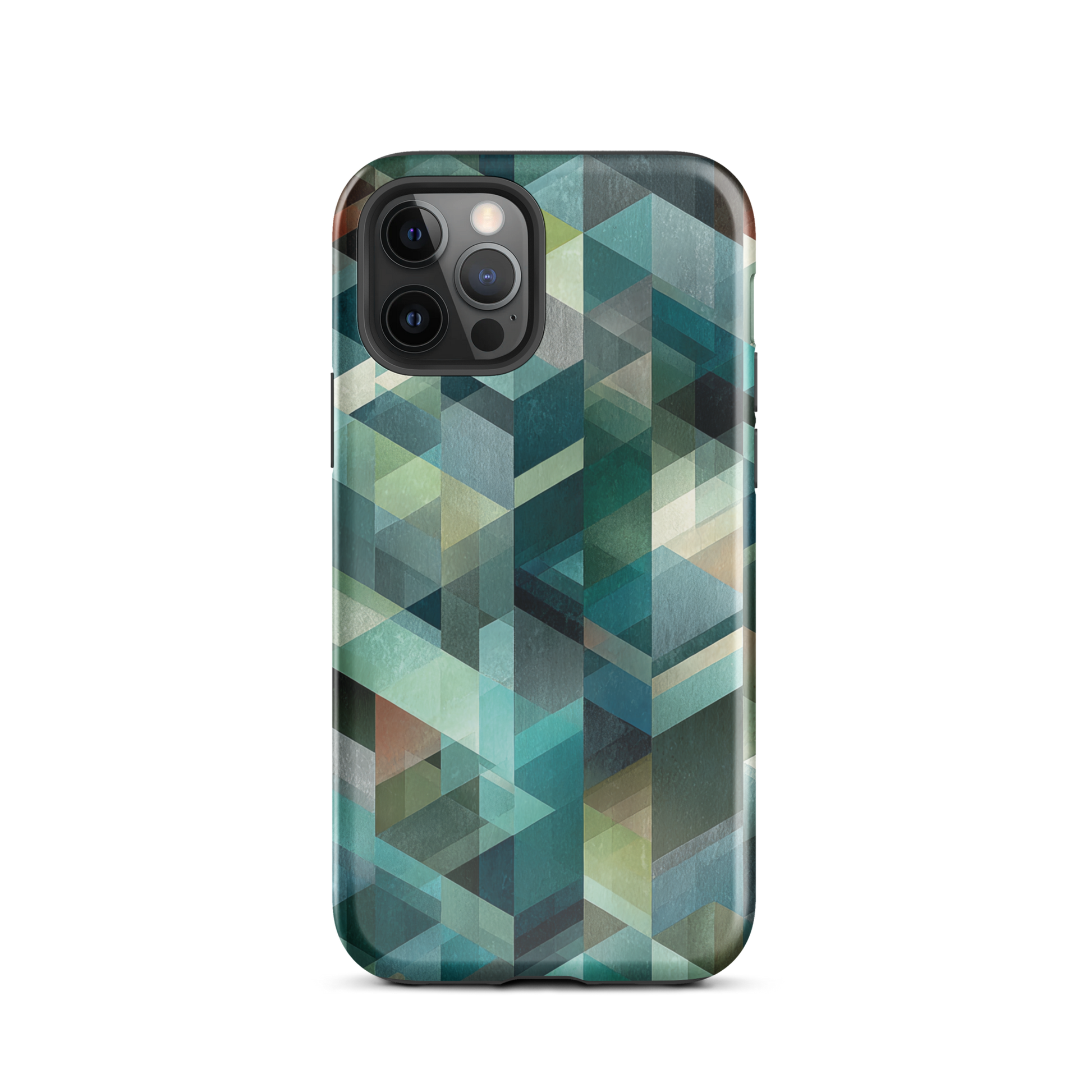 Modern abstract geometric phone case in teal and blue tones with layered retro-inspired shapes.