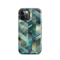 Modern abstract geometric phone case in teal and blue tones with layered retro-inspired shapes.