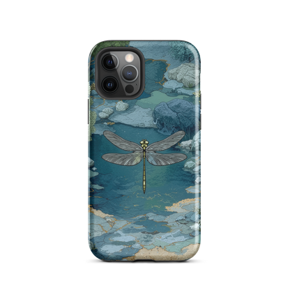 Nature-inspired phone case featuring a dragonfly over calm water with blue and green forest tones.