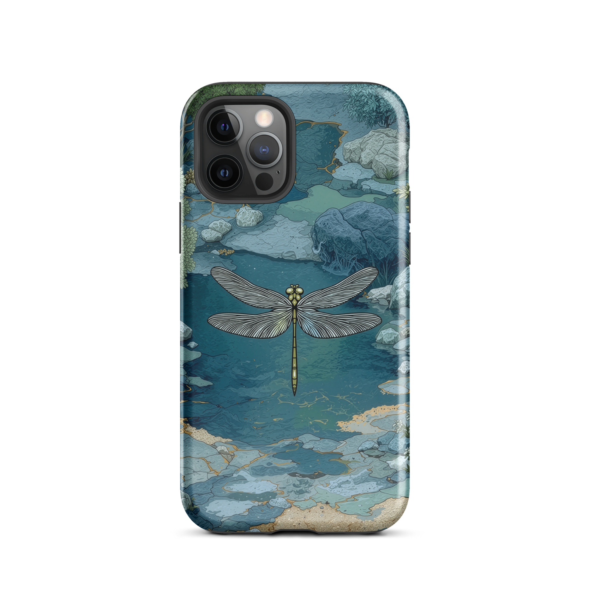 Nature-inspired phone case featuring a dragonfly over calm water with blue and green forest tones.