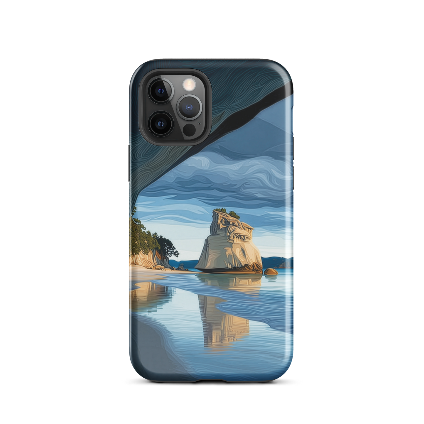 Artistic Cathedral Cove coastal designer phone case with arch rock, blue ocean and golden cliffs