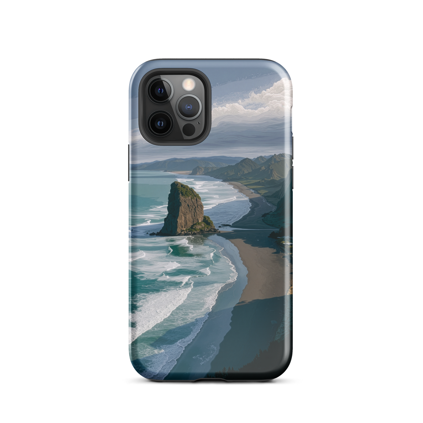 Piha Beach Lion Rock designer phone case with turquoise waves and dramatic NZ coastline