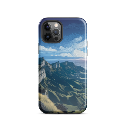 Te Mata Peak designer phone case with Hawke’s Bay cliffs, rolling green hills and dramatic swirling sky