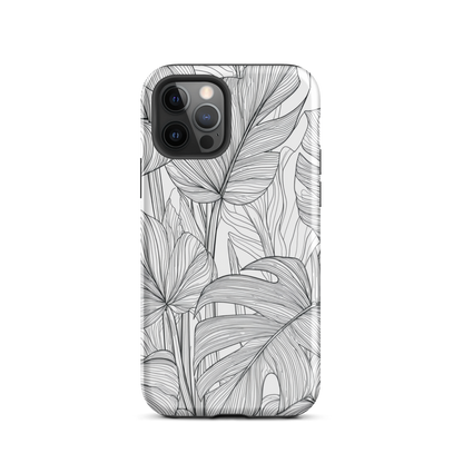 Minimal black and white tropical leaf designer phone case with detailed botanical line art