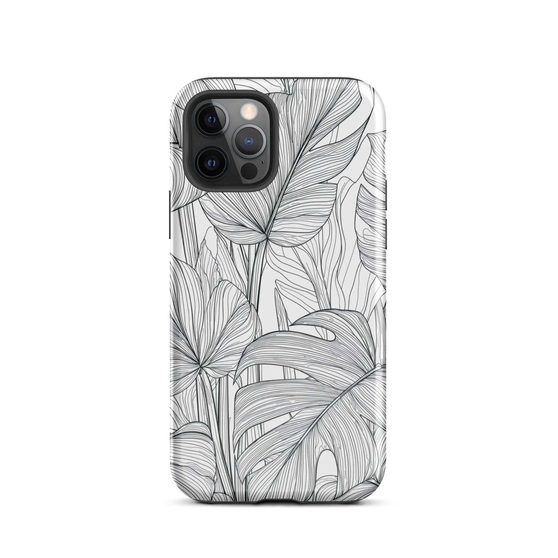 Minimal black and white tropical leaf designer phone case with detailed botanical line art