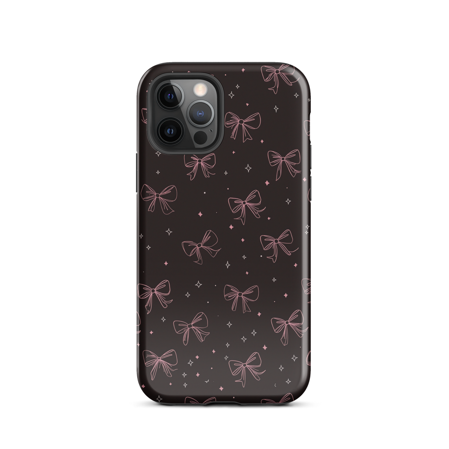 Midnight Bow seamless repeat pattern — pink hand-drawn ribbon bows and sparkle stars on a black background