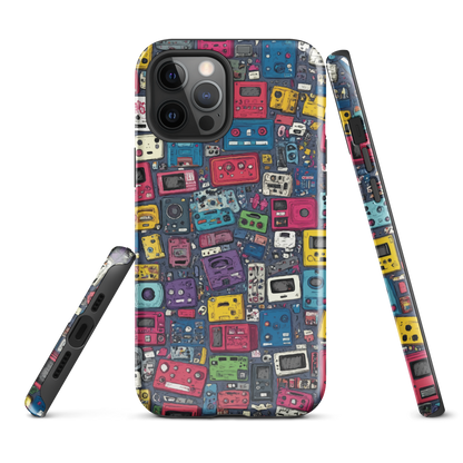 'Arcade' iPhone case, featuring a vibrant collage of hand-drawn controllers in bold, vintage-inspired colours. From electric blue and hot pink to classic black and yellow