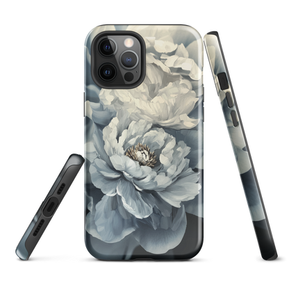 'Whisper' iPhone case features a stunning close-up of softly painted peony blooms in dreamy shades of ivory, grey, and smoky blue.