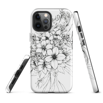 Black and white floral phone case with hand-drawn lilies and wildflowers
