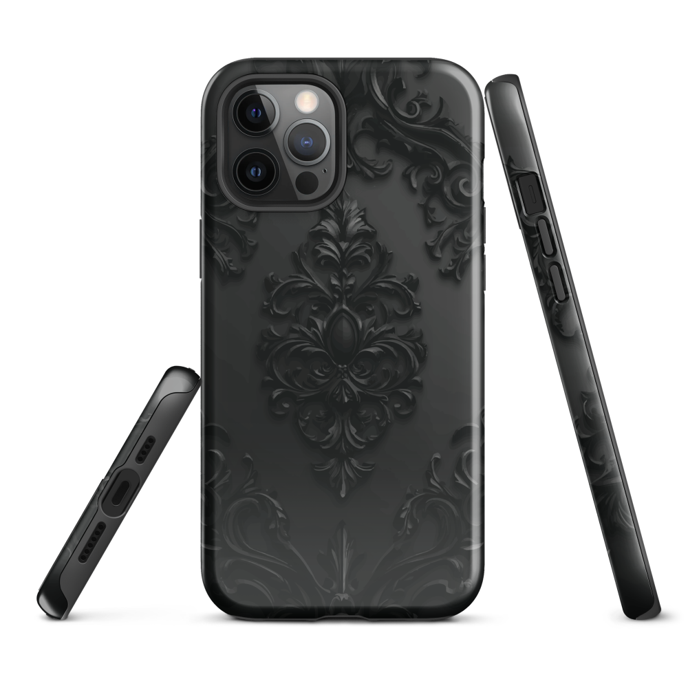 Black embossed damask phone case with gothic baroque pattern.
