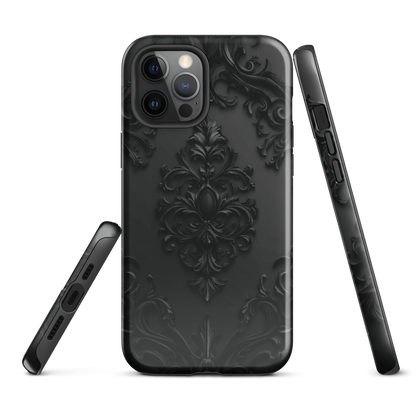 Black embossed damask phone case with gothic baroque pattern.