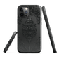 Black embossed damask phone case with gothic baroque pattern.
