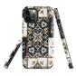 Moroccan tile pattern phone case in black, white, and gold tones with vintage-inspired design.