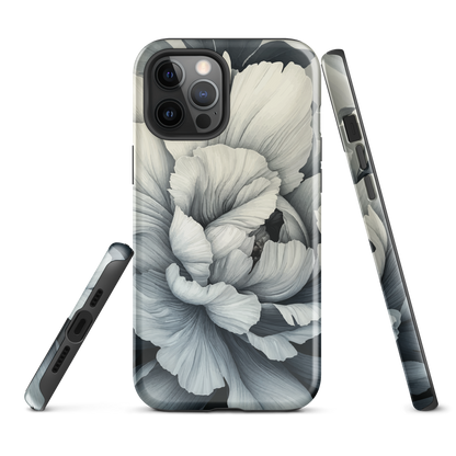 Black and white floral phone case featuring a soft, moody peony design by New Zealand artist Ben Hart.