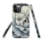 Black and white floral phone case featuring a soft, moody peony design by New Zealand artist Ben Hart.