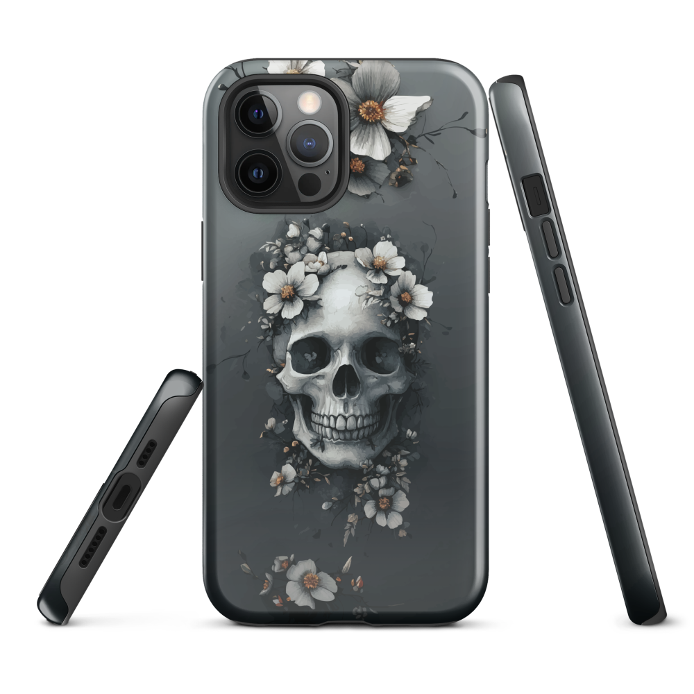 Gothic phone case with a floral skull design in grey tones, featuring white blossoms and dark detailing.