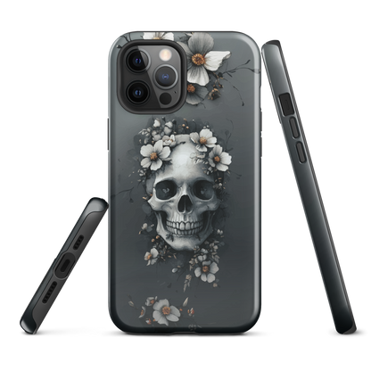 Gothic phone case with a floral skull design in grey tones, featuring white blossoms and dark detailing.