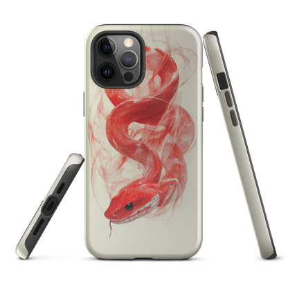 Phone case with red snake design on a cream background, coiled in smoky detail. Bold artwork by NZ designer Ben Hart.