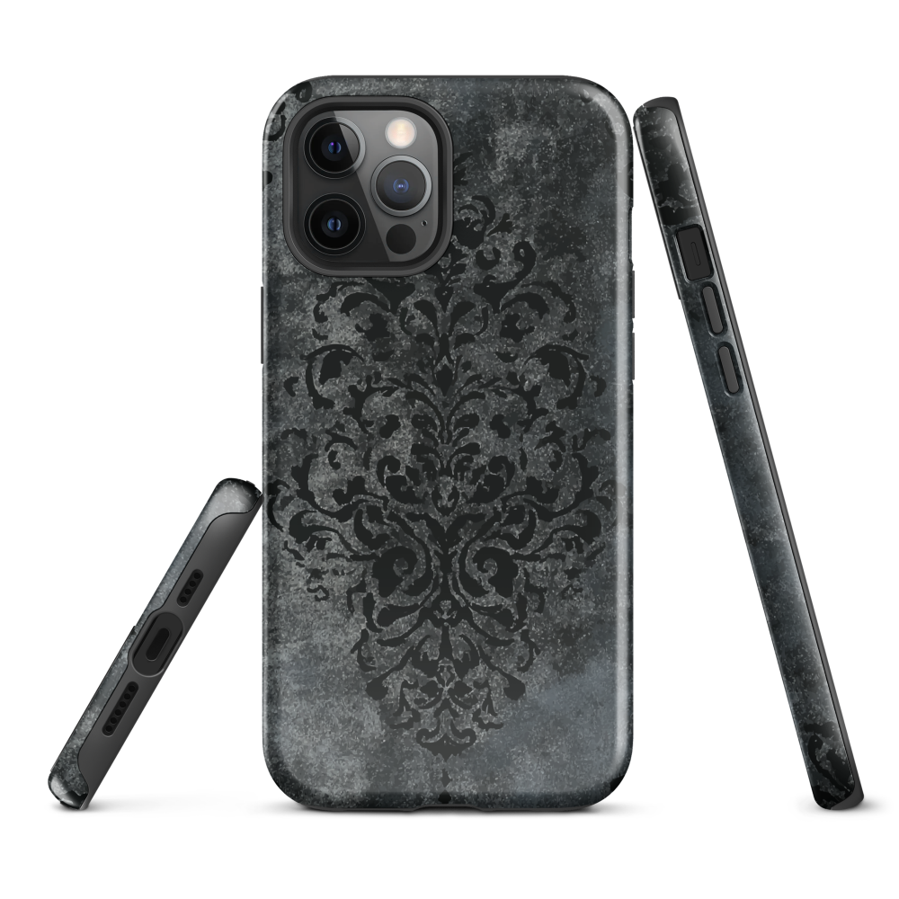 Dark damask patterned phone case with a vintage gothic aesthetic and textured stone background.