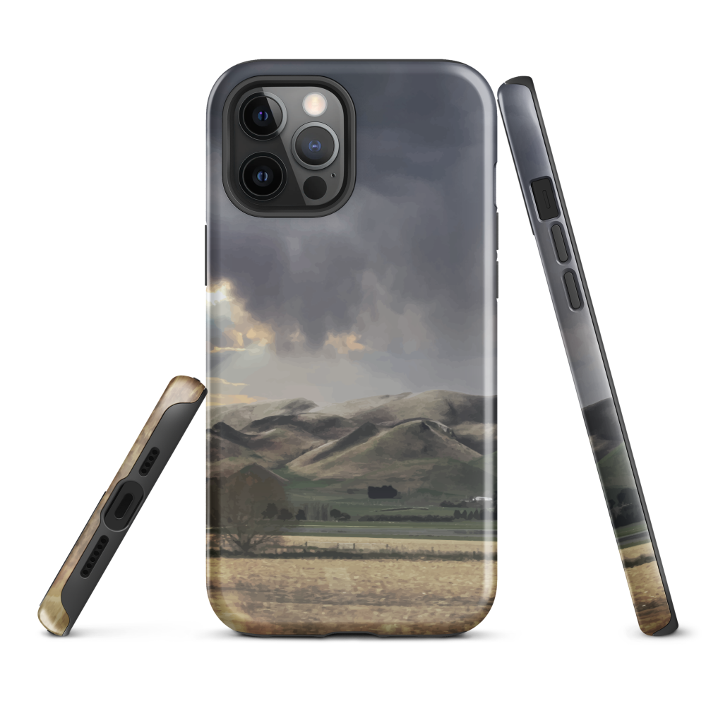 Designer phone case with NZ landscape painting of Te Hauke and cloudy skies by Ben Hart.