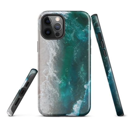 Ocean wave phone case with abstract beach design in teal and white, by NZ artist Ben Hart.