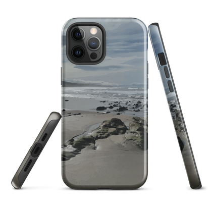 Phone case with artwork of Riversdale Beach, Masterton – rocks, waves and sky by NZ artist Ben Hart.